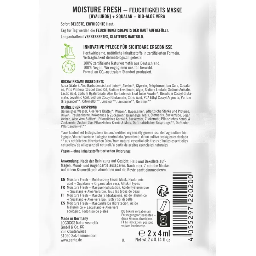 Maskers|Hydraterende Maskers^Sante Naturkosmetik Moisture Fresh vochtinbrengend masker met hyaluronzuur, squalaan & biologische aloë vera